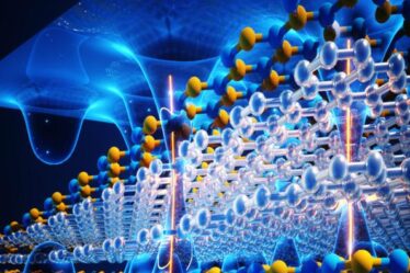 Illustration featuring a lattice of clear hexagons and a lattice of blue and yellow hexagons, superimposed on undulating waves.