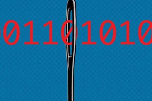 Illustration of binary code through eye of needle
