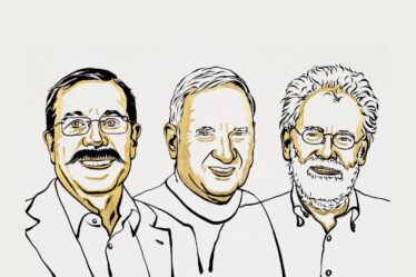 Illustration of 2022 Physics Nobel Laureates: Alain Aspect, John F. Clauser and Anton Zeilinger