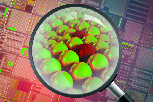 A magnifying glass seeing into a semiconductor and finding atoms, which look like smooth spheres but some are cracked and brittle.