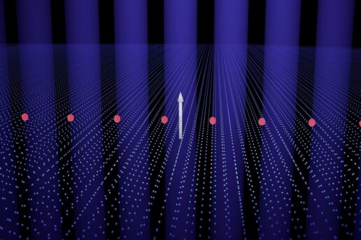 Hundreds of parallel lines comprised of spheres recede into the distance. In the middle ground are seven large red dots and a white 3D arrow pointing up.