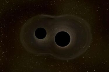 An illustration shows two black holes relatively close to each other against a starry space background.