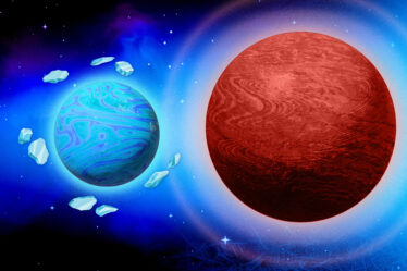 Two planets in space, a smaller blue planet and a large red planet. On left a blue icy planet has ice shards floating around it.