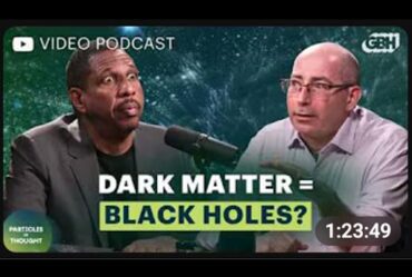 YouTube video podcast thumbnail featuring two men in a discussion against a cosmic background. Text reads 