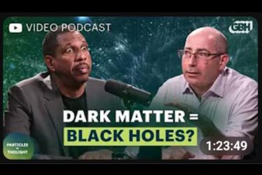 YouTube video podcast thumbnail featuring two men in a discussion against a cosmic background. Text reads 