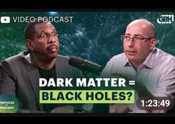 YouTube video podcast thumbnail featuring two men in a discussion against a cosmic background. Text reads 