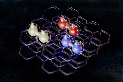 Honeycomb pattern consisting of three pairs of round graphene orbs in red, yellow, and blue.