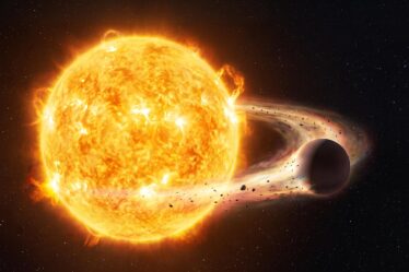 Digital illustration of the massive star TOI-5882 pulling in a nearby, featureless brown dwarf companion surrounded by a ring of glowing space debris.