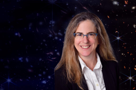 A headshot of Megan Donahue ’85 is superimposed on a background image of galaxies.